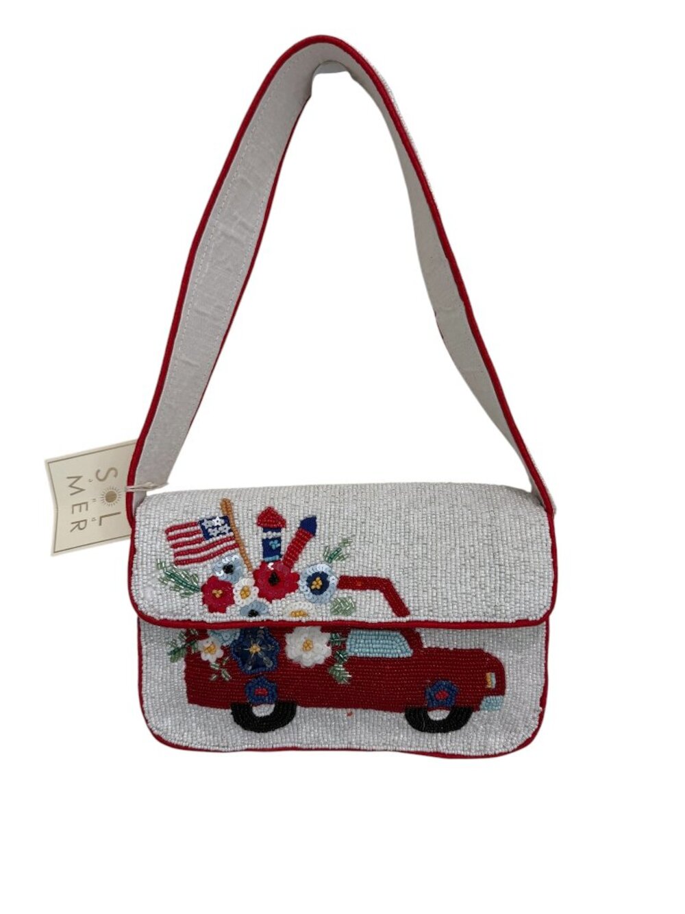 Sol and Mer Patriotic  Red White Blue American Flag Fireworks Truck Beaded Bag